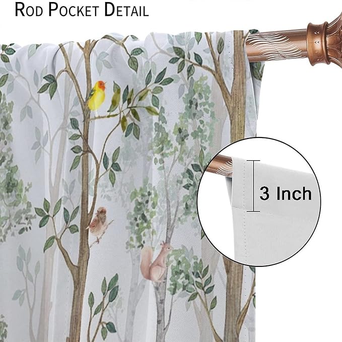 Kids Watercolor Woodland Animal Window Curtains, Bear Deer Squirrel Hedgehog Fox Birds Green Forest Blackout Rod Pocket Treatment for Boys Girls Bedroom 63x72in