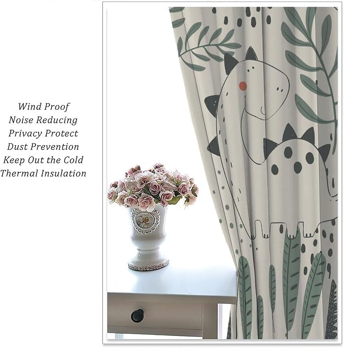 Funny Dinosaur Curtains, Jungle Cute Cartoon Animals Tropical Leaves Plant Beige Green Print Blackout Window Treatments for Kids Boys Girls Bedroom Living Room 42x63in