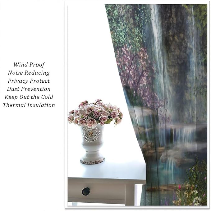 Natural Waterfall Blackout Window Curtains, Waterfalls Flowers Trees Landscape Window Drapes, for Living Room Bedroom 42" W X 63" L