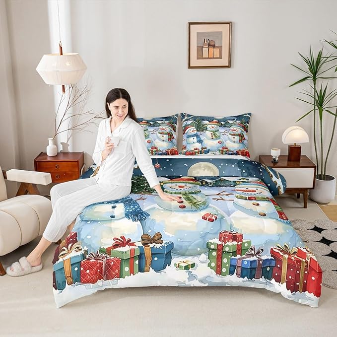 jejeloiu Kids Snowman Comforter Set Toddler Countryside Christmas Theme Bedding Set for Boys Girls Teens Xmas Tree Snowflake Winter Happy New Year Duvet Quilt Room Decor