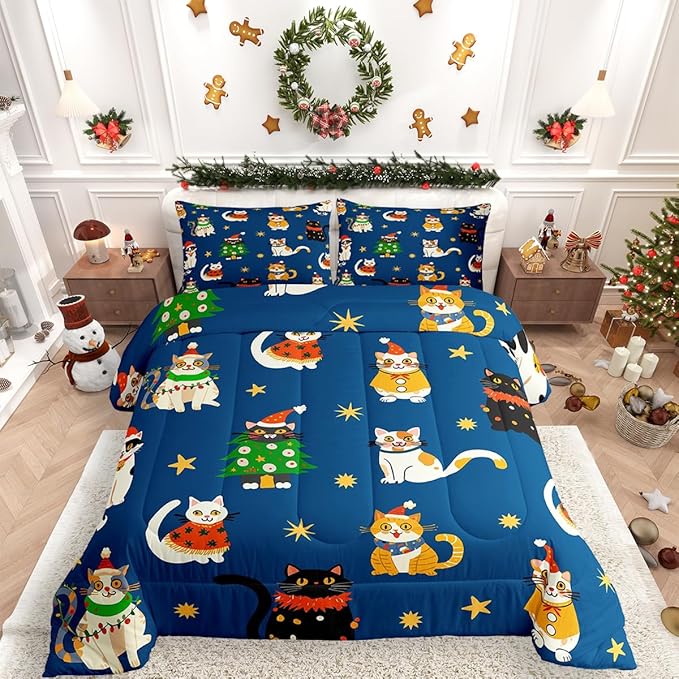 Erosebridal Merry Christmas Kids Cartoon Bedding Set Toddler Size Cute Cat Comforter Set Xmas Tree Quilts for Teens Boys Girls Room Decor,Kawaii Animals Duvet Insert,Blue