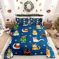 Erosebridal Merry Christmas Kids Cartoon Bedding Set King Size Cute Cat Comforter Set Xmas Tree Quilts for Teens Boys Girls Room Decor,Kawaii Animals Duvet Insert,Blue