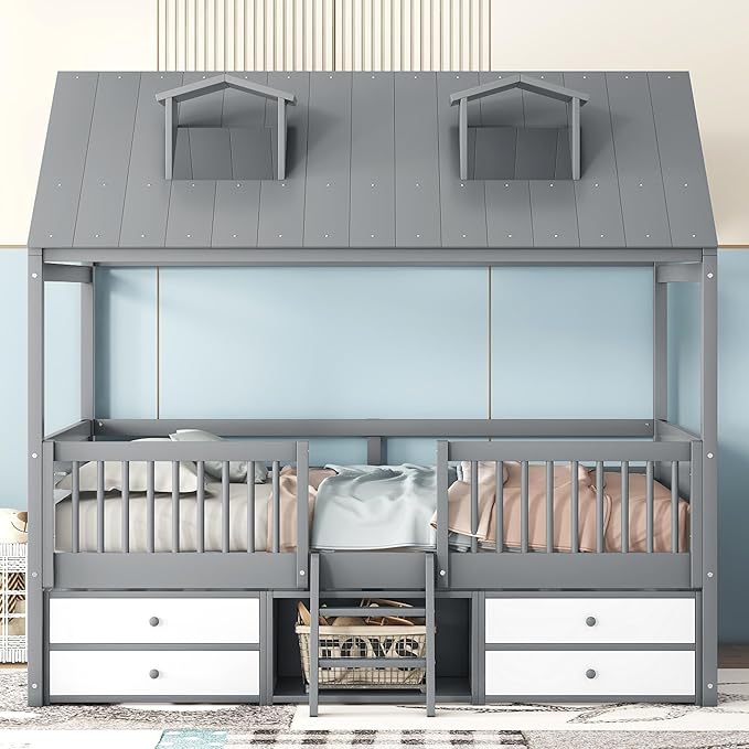 Merax Full Size Wood House Bed Frame with Full-Length Fence and 4 Storage Drawers, Kids Playhouse Tent Bed with Roof and 2-step Ladder for Children Boys Girls Teens Bedroom, No Box Spring Needed, Gray