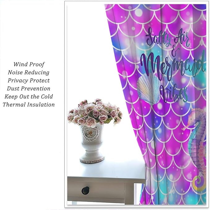 Dream Mermaid Curtains for Kids Boys Girls Ocean Theme Colorful Rainbow Fish Tail Blackout Window Treatment for Bedroom Nursery Room Decor Window Drapes 42" W X 54" L