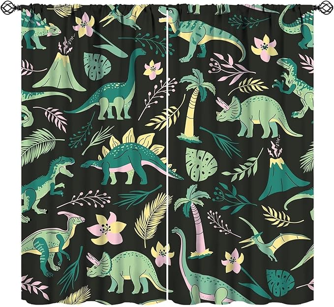 Dinosaurs Blackout Curtains Cartoon Cute Funny Dino Tropical Jungle Green Art Print for Kids Boys Bedroom Living Room Rod Pocket Decoration Window Drapes 2 Panels W31.5xL63in