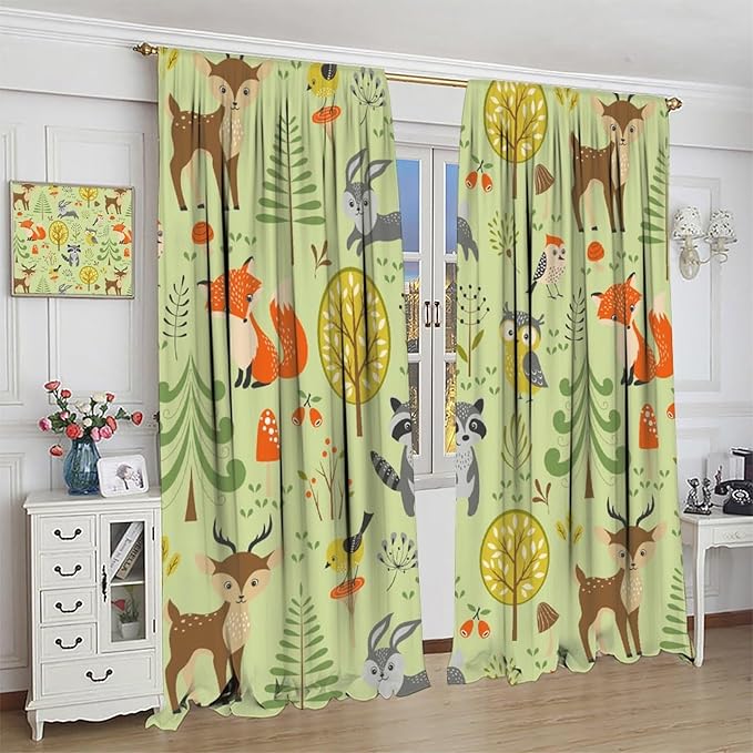 Cute Animals Curtains, Fox Bear Cartoon Wild Animals Window Treatments, Rod Pocket Thermal Insulated Drapes 2 Panel Sets for Kids Bedroom Nursery Classroom, 42" W X 45" L【Decor】