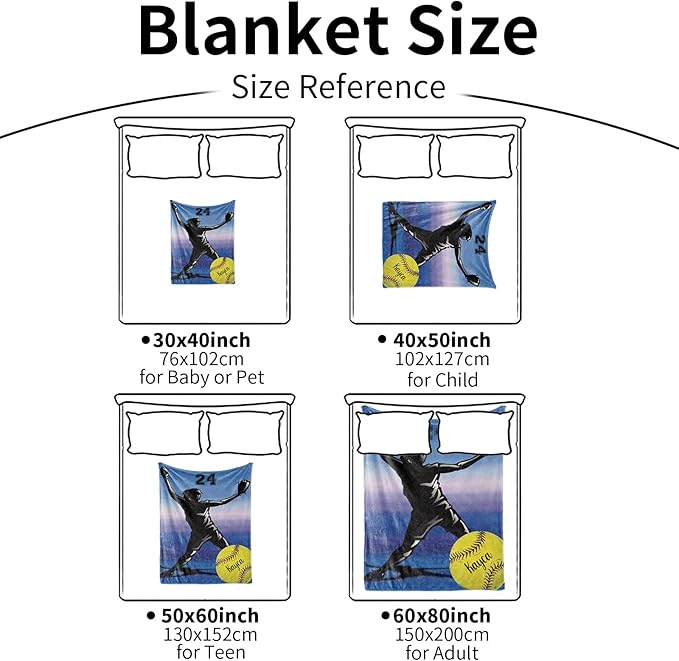 Custom Softball Blanket with Name Number: Personalized Fluffy and Warm Gift for Baby Toddler Kids and Adults Birthday Skin-Friendly Flannel Fabric(60x80inch)