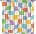 Checkered Curtains,70s Vintage Twisted Checkered Window Drapes Colorful Groovy Trendy Wavy Hippie Grid Print Window Treatments for Kids Girls Bedroom Living Room Bathroom 55" W X 63" L