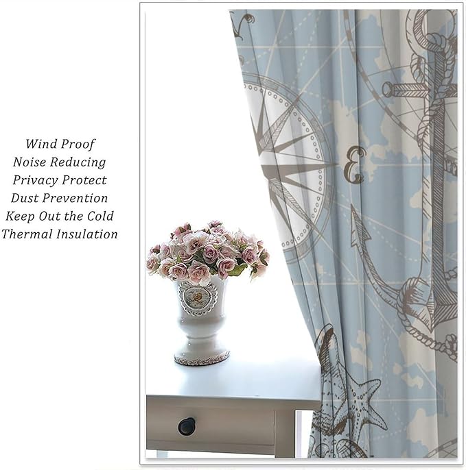 BAEKJIN Nautical Costal Curtains, Compass Lighthouse Anchor Sailboat Pattern Print Decor Home Bedroom Living Room Window Treatments 2 Panel Set 42x45 Inch