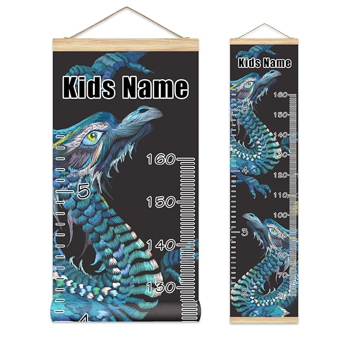 Personalized Kids Name Growth Chart Ruler for Wall Wood Frame Height Measure Chart 13.4x56 in Linen Hanging Height Growth Chart Retro Blue Dragon Kids Room Decor