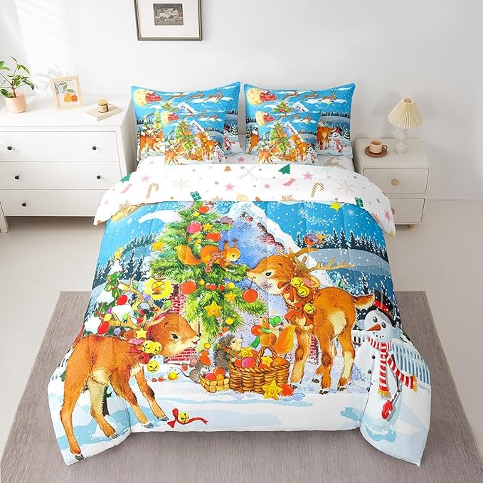 Christmas Decorations Bed in a Bag Xmas Deer Pine Tree Bed Set for Kids Boys Girls Merry Christmas Comforter Set with Sheets Winter Festival Present Bedding Set Bedding King Size