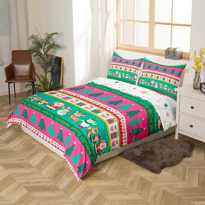 Christmas Bedding Set Cute Snowman Santa Claus Deer Comforter Cover for Kids Christmas Tree Xmas Theme Duvet Cover Breathable Pink Geometric Stripes Bedspread Cover Room Decor Quilt Cover King Size