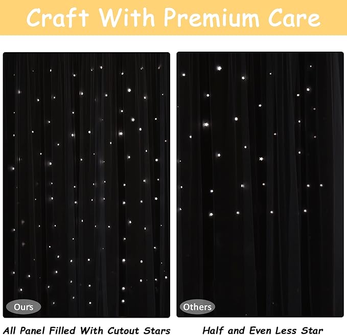 Kinryb Blackout Curtains for Girl Bedroom/Living Room/Classroom, Sheer Overlay Small 2 Panel Set, Double Layer Curtains with Star Cutout for Kids Room(W 52 x L 45 Inches,Yellow 2 Pcs)