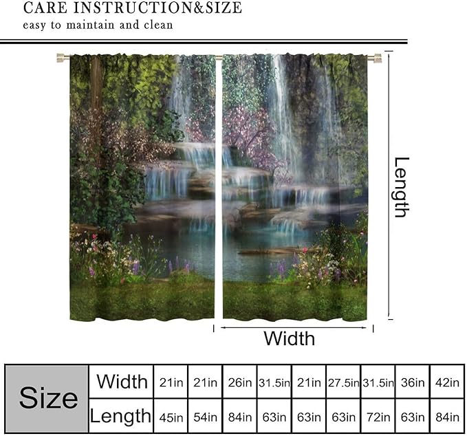 Natural Waterfall Blackout Window Curtains, Waterfalls Flowers Trees Landscape Window Drapes, for Living Room Bedroom 72" W X 63" L