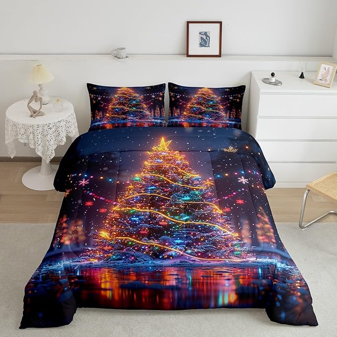 3D Christmas Tree Bedding Set Full Size,Snowflake Glitter Polka Dot Comforter Set for Kids Boys Girls Room Decor,Merry Christmas Duvet Insert 3Pcs,Xmas Neon Style Fashion Quilt Set,2 Pillowcases