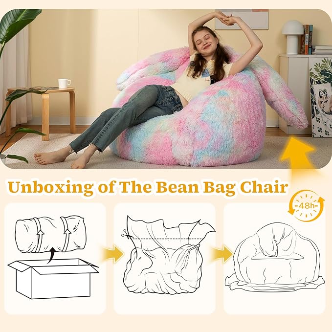 Bean Bag Chair for Adults Kids Giant Fluffy Plush Bean Bag Sofa with Filler Faux Fur Rabbit Shaped Beanbag Chairs Comfy Accent Floor Couch for Gaming, Reading in Bedroom, Living Room, Dorm