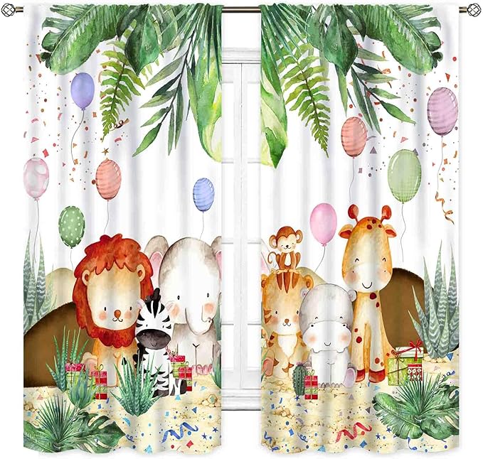 Jungle Safari Animals Curtains, Cartoon Animals Lion Giraffe Elephant Woodland Tropical Leaf Green Window Drapery for Kids Boys Girls Baby Living Room Bedroom Nursery 2 Panels, 55"x63" Inch