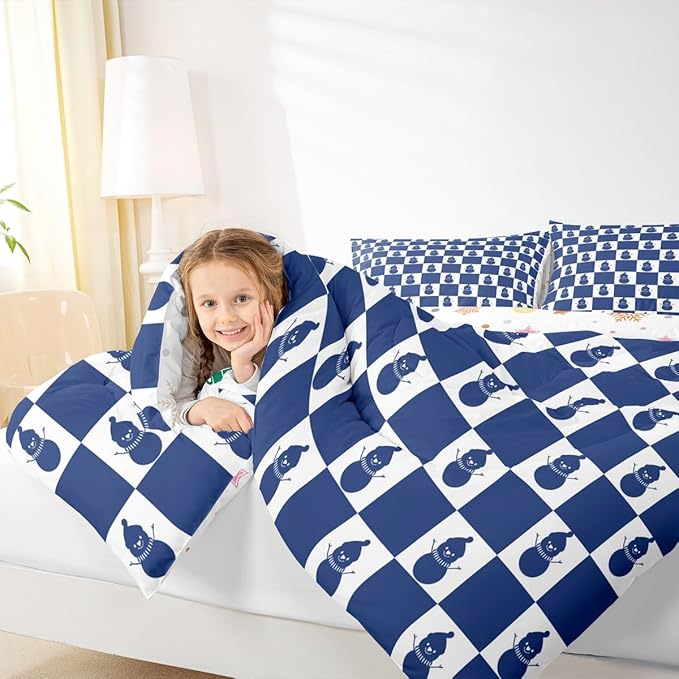 Feelyou Christmas Comforter Set All Season Checkered Bedding Set with 2 Pillow Cases Snowman Kids Full Bedclothes Xmas Decorations Bedroom Decor Blue Duvet Quilt Breathable Soft Lightweight