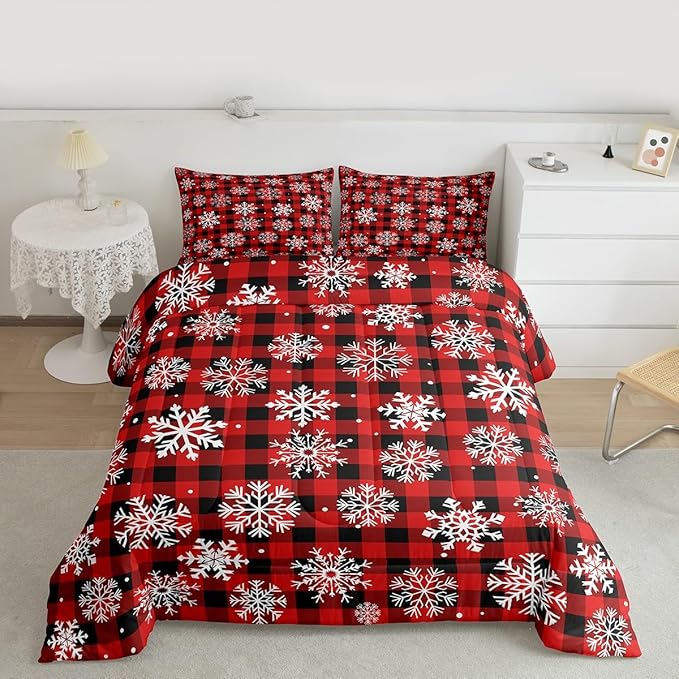 Feelyou Christmas Comforter Set Full Size Red Black Plaid Bedding Set for Kids Boys Girls Winter Snow Duvet Quilt Snowflake Red Bedroom Decor Microfiber 3 Pcs with 2 Pillow Cases