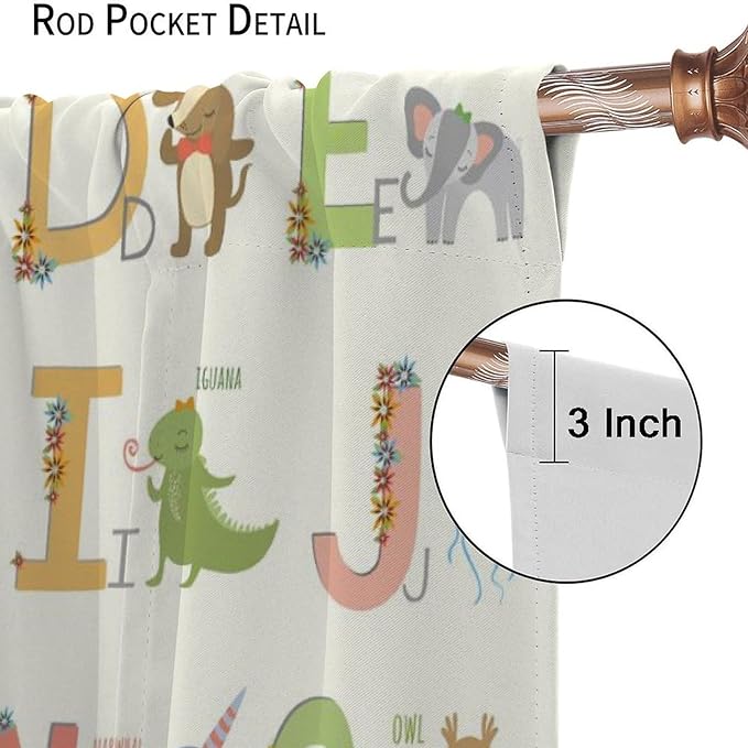 Kids Alphabet Curtains Funny Letter Education Cute Cartoon Animal Printed Curtain with Rod Pocket for Bedroom Living Room Home Decor Drapes Window Treatments 2 Panels Set 63" W X 63" L