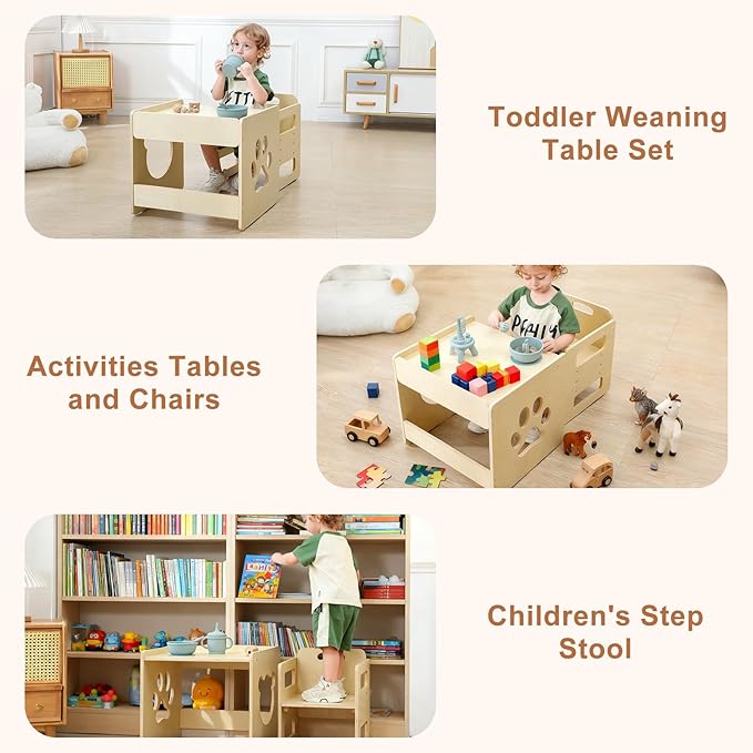 Montessori Weaning Table and Chair Set - 3-Level Height Adjustable Wooden Toddler Furniture, Activity Table Set for Eating, Playing & Learning, Kids Montessori Furniture for Age 1 2 3 Years