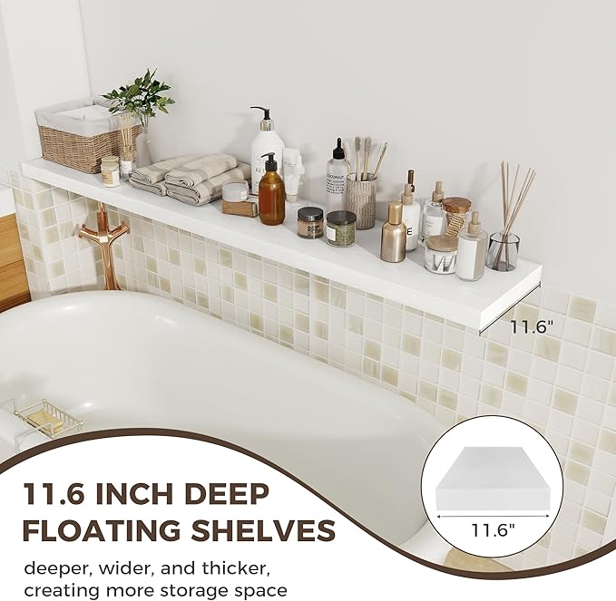 Fun Memories 12 Inch Deep Floating Shelves, 67 Inch Long Extra Large Floating Shelves Set of 2, Rustic Wood Wall Shelves for Living Room, Kitchen, Bedroom, Farmhouse, Laundry Room, Home Office - White