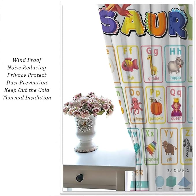 Funny Kids Alphabet Curtain, Cartoon Animal Alphabet Learning Dinosaur Boys Kids Students Baby Educational Colorful Blackout Window Treatments for Bedroom Living Room School 63" W X 63" L