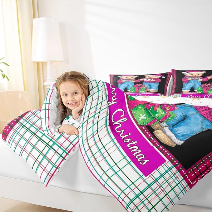 Feelyou Merry Christmas Kids Comforter Set Twin Size Cute Bear Bedding Set Duvet Quilt for Kids Boys Girls Bedroom Winter Decor Microfiber Ultra Soft Breathable