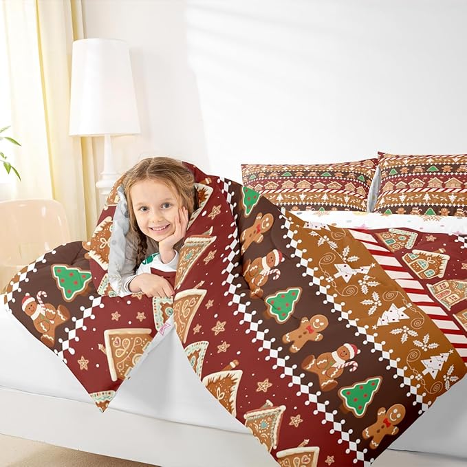 Feelyou Merry Christmas Comforter Set King Size Greenland Home Bedding Set for Kids Boys Girls Xmas Tree Duvet Quilt Striped Bedroom Decor Microfiber 3 Pcs with 2 Pillow Cases