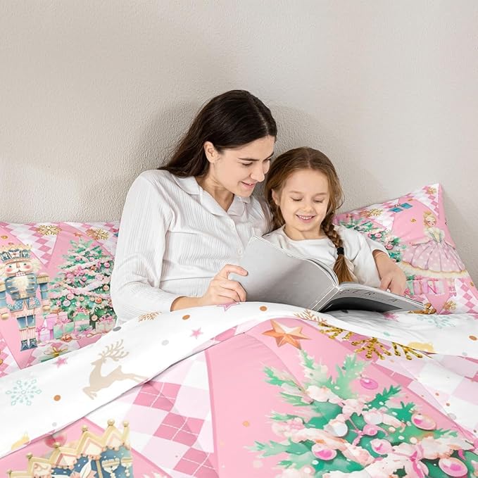 jejeloiu Christmas Nutcracker Comforter Set Full Size Gingerbread Man Bedding Set for Kids Boys Girls Xmas Tree Duvet Quilt Pink Bedroom Decor