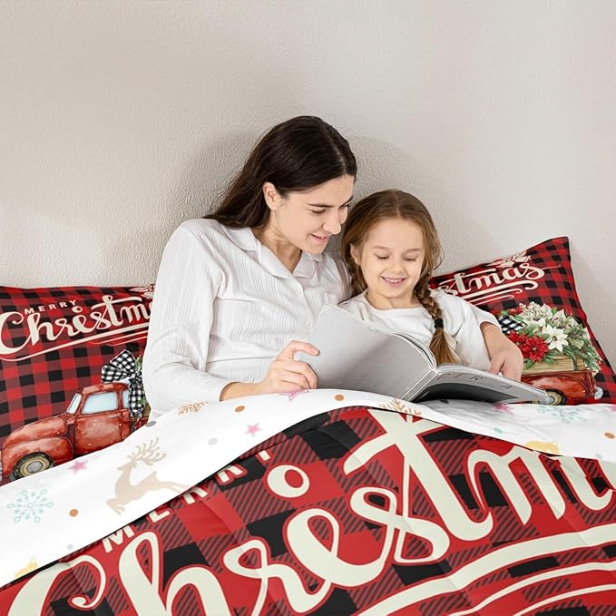 Kids Christmas Truck Comforter Set King Size,Floral Leaves Romantic Bedding,Girls Boys Adults Bedroom/Xmas Cabin Decor,Geometric Plaid Retro Down Comforter,Rustic Farm Duvet Insert,2 Pillowcases