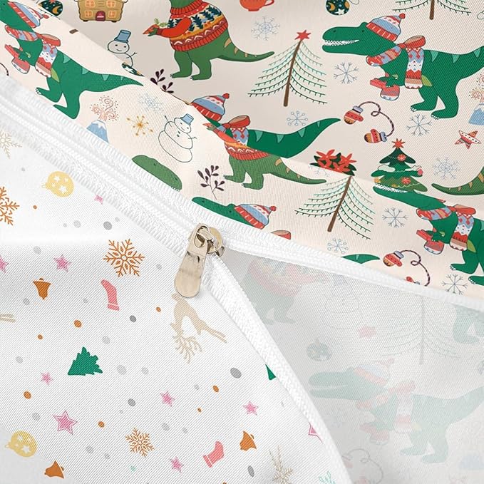 Christmas Bedding Set for Kids Boys Girls Cartoon Dinosaur Christmas Tree Comforter Cover Set Snowman New Year Duvet Cover Bedroom Decor Xmas Theme Bedspread Cover Twin Size Bedding Collection 2Pcs