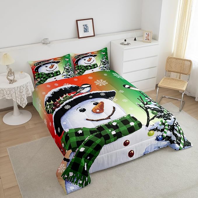 Feelyou Kids Christmas Theme Decorations Bedding Set Xmas Snowman Comforter Set for Boys Girls Snowflake Kawaii Cute Comforter Orange Red Green Quilt Set Bedroom Collection Toddler Size