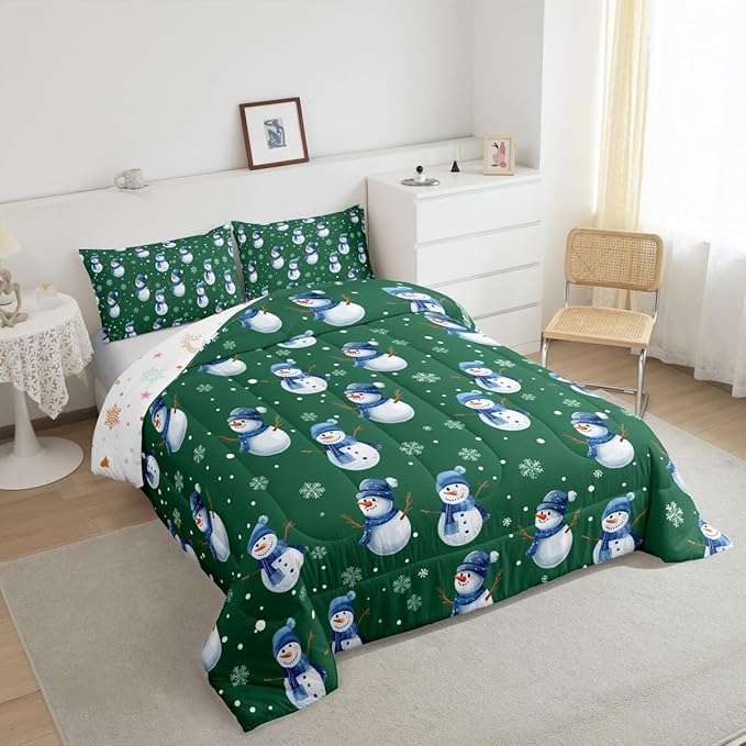 jejeloiu Kids Cute Winter Snowman Comforter Set Full Size Green Christmas Theme Bedding Set for Boys Girls Teens Xmas Snowflake Happy New Year Duvet Quilt Room Decor