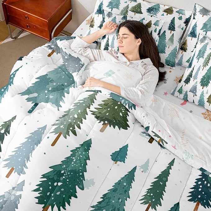 Erosebridal Christmas Tree King Comforter Set with Sheets 7 Piece Green Xmas Pine Tree Bed in A Bag Forest Snowy Nature Scene Bedding Sets for Teens Winter Holiday Christmas Bed Set Happy New Year