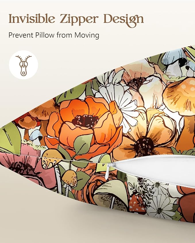 Silk Pillowcase 2 Pack - Pillow Cases 20" x 36" King Size Set of 2 for Hair and Skin Smooth Soft Breathable with Hidden Zipper Cooling Pillow Covers for Sleeping, Mushroom Bushes