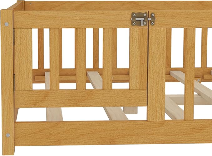 Bellemave Full Size Floor Bed Frame with Fence and Door for Kids, Montessori Floor Bed with Slats and Safety Guardrails,Solid Wood Full Bed Frame for Girls Boys,Natural