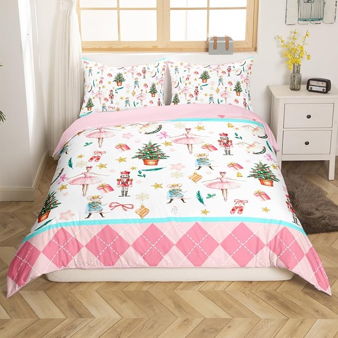 Feelyou Nutcracker Christmas Pink Comforter Cover Twin Size Xmas Royal Guarder Ballet Princess Duvet Cover New Year Pink Buffalo Plaid Bedding Set Gifts for Kids Boys Girls 1 Pillow Case
