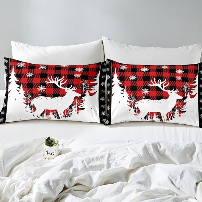 Manfei Christmas Duvet Cover Set Twin Size, Xmas Deer Tree Snowflake Print Bedding Set 2pcs for Kids Boys Girls Bedroom Decor, Black Red Plaid Print Comforter Cover with 1 Pillowcase,No Comforter