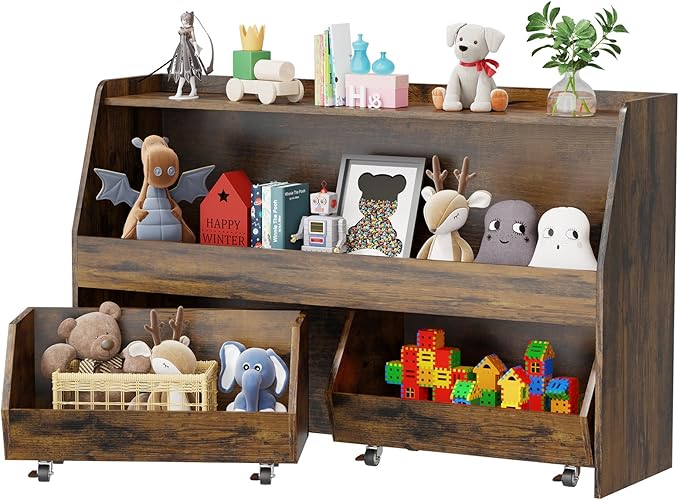 COZPAW Toy Storage Organizer, 2 Tier Montessori Shelf with Movable Bins, Toy Organizers Book Shelf for Kids Room, Playroom, Nursery (Brown)