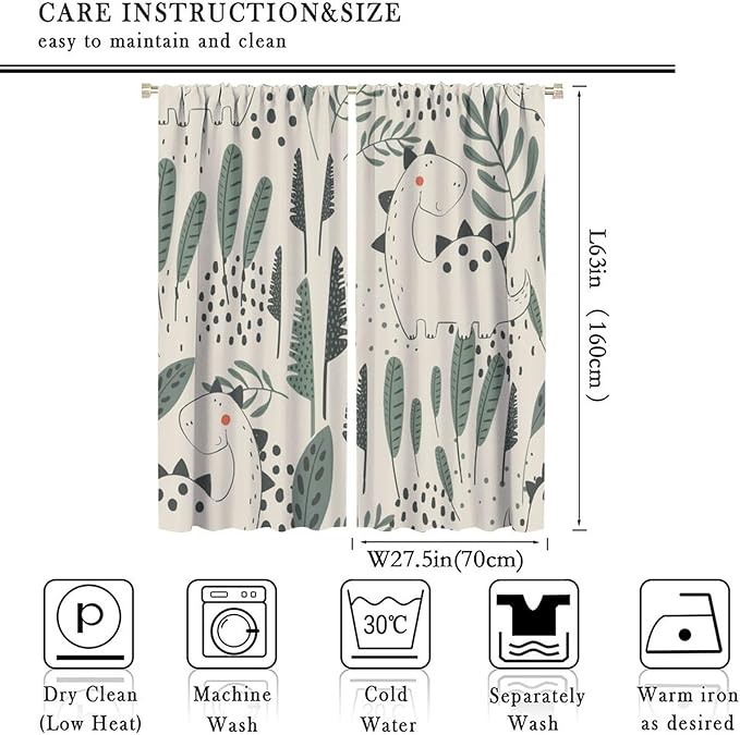 Funny Dinosaur Curtains, Jungle Cute Cartoon Animals Tropical Leaves Plant Beige Green Print Blackout Window Treatments for Kids Boys Girls Bedroom Living Room 55x63in