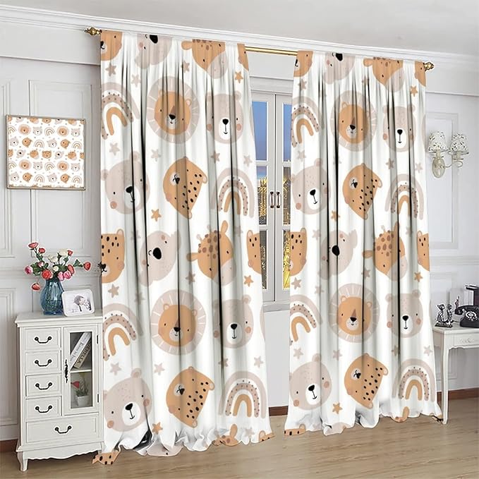 Cartoon Boho Animal Curtains,Funny Forest Safari Print,Cute African Wildlife Koala Giraffe Lion Leopard Bear Rainbow Blackout Window Drapes for Boys Girls Kids Baby Child Bedroom 84x84in