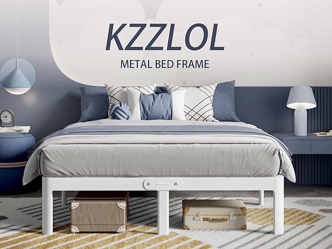 White King Size Bed Frame 14 Inch, Metal Camas King Bed Frame No Box Spring Needed, Heavy Duty Steel Support 3500 LBS, DIY Headboard, Noiseless, Round Corner Legs, Storage Space, Easy Assembly