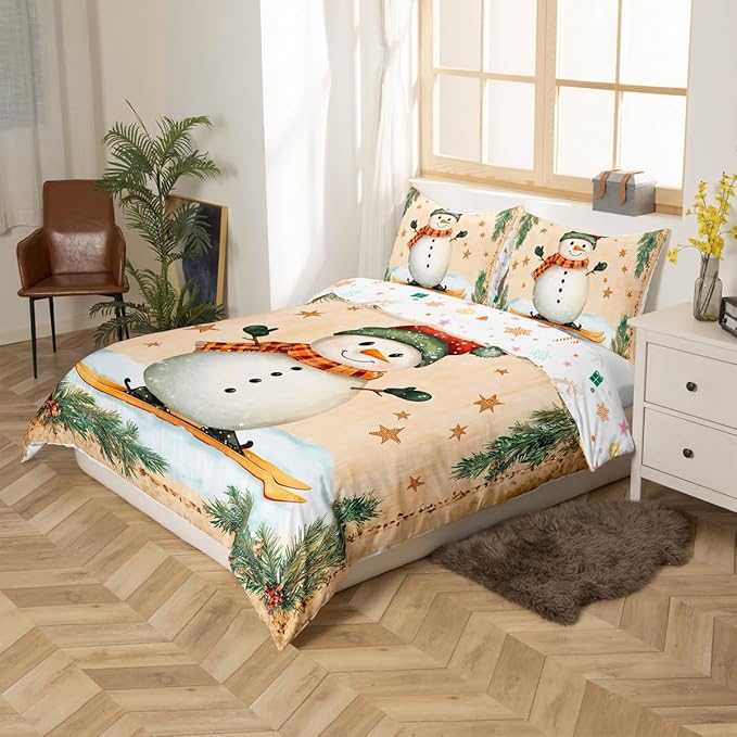 Manfei Christmas Kids Duvet Cover Set Queen Size, Cute Snowman Bedding Set for Boy Girl Room Decor, New Year Holly Leaf Print Comforter Cover, Lightweight Bedspread Cover, 2 Pillowcases, No Comforter