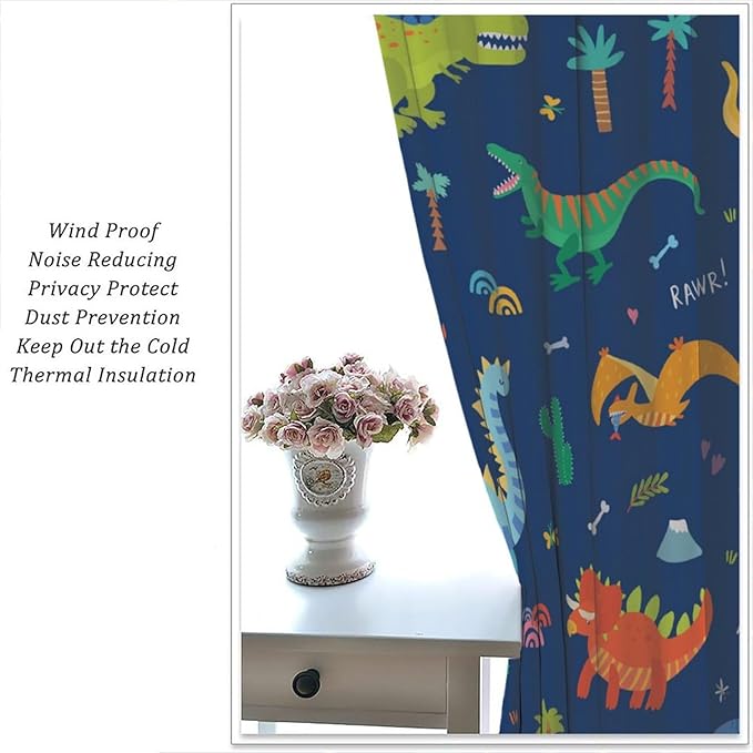 Funny Dinosaur Blackout Curtains Colorful Cartoon Animals Dino Tropical Plant Art Print for Kids Boys Bedroom Living Room Rod Pocket Decoration Window Drapes 2 Panels W21xL45in