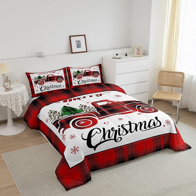 Manfei Xmas Truck Comforter Set Twin Size, Christmas Tree Snowflake Print Bedding Set 2pcs for Kids Boys Girls Bedroom Decor, New Year Theme Red Plaid Print Quilt Set with 1 Pillowcase