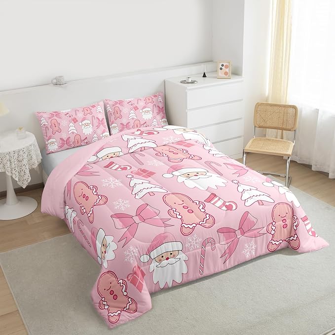 Feelyou Pink Christmas Bedding Set Soft for Boys Girls, Santa Claus Comforter Set Queen Size Gingerbread Man Duvet Quilt Microfiber Bow Candy Cane Bedroom Decor 3 Pcs with 2 Pillow Cases