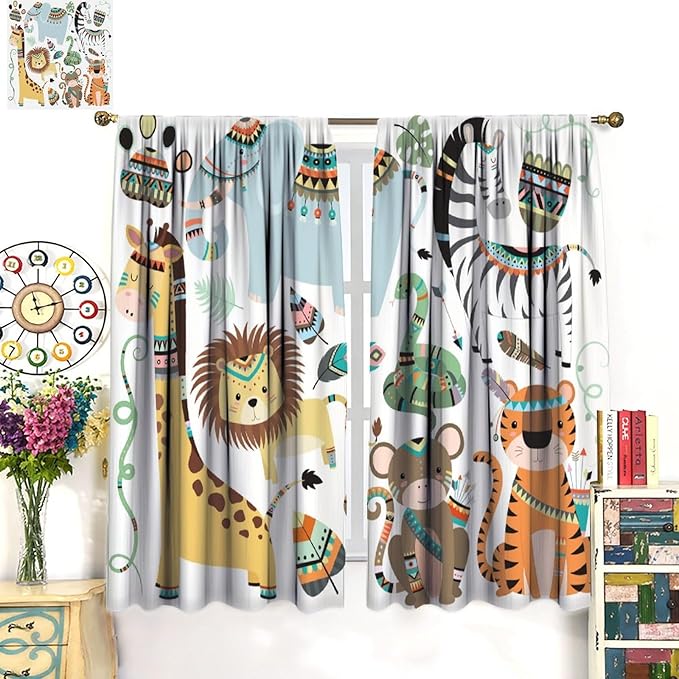 Jungle Tribal Animals Curtains, Southwest Aztec Cartoon Funny Zoo Animals Giraffe Lion Elephant Zebra Tiger Print Thermal Insulation Window Drapes for Kids Boys Girls Bedroom Living Room 72x63in
