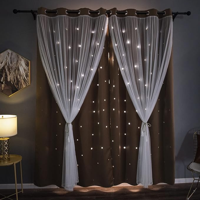 Kinryb Star Cutout Blackout Curtains Double Layer Curtains with Durable Sheer Curtains for Bedroom Thermal Insulated Window Treatment Set with 2 Free Tiebacks (52W x 72L 2 Panels Coffe)