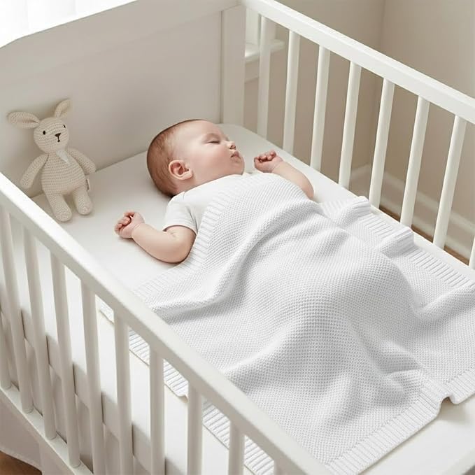 Baby Knit Blanket Soft Cotton Lightweight Newborn Blanket for Crib Stroller Toddler Nursery Shower Gift Cozy Breathable Travel Swaddle Wrap White 36 x 28 Inches